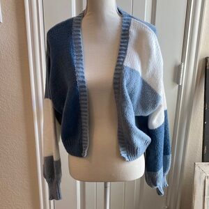 Blue and white color block knit cardigan
